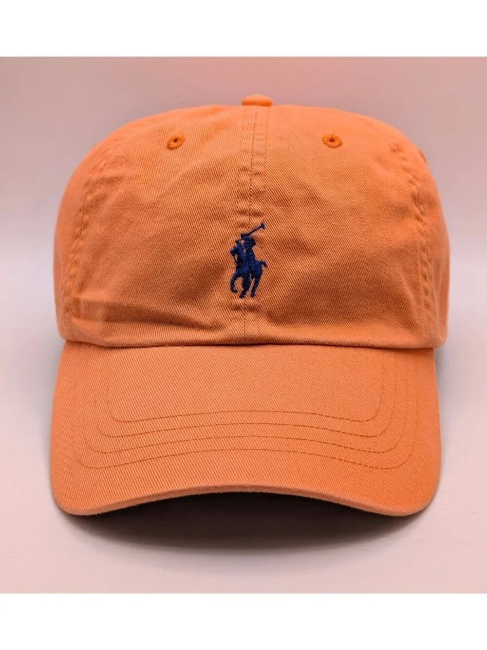 Vintage Polo Ralph Lauren Hat Orange Blue Pony Logo Leather Strap Back Y2K